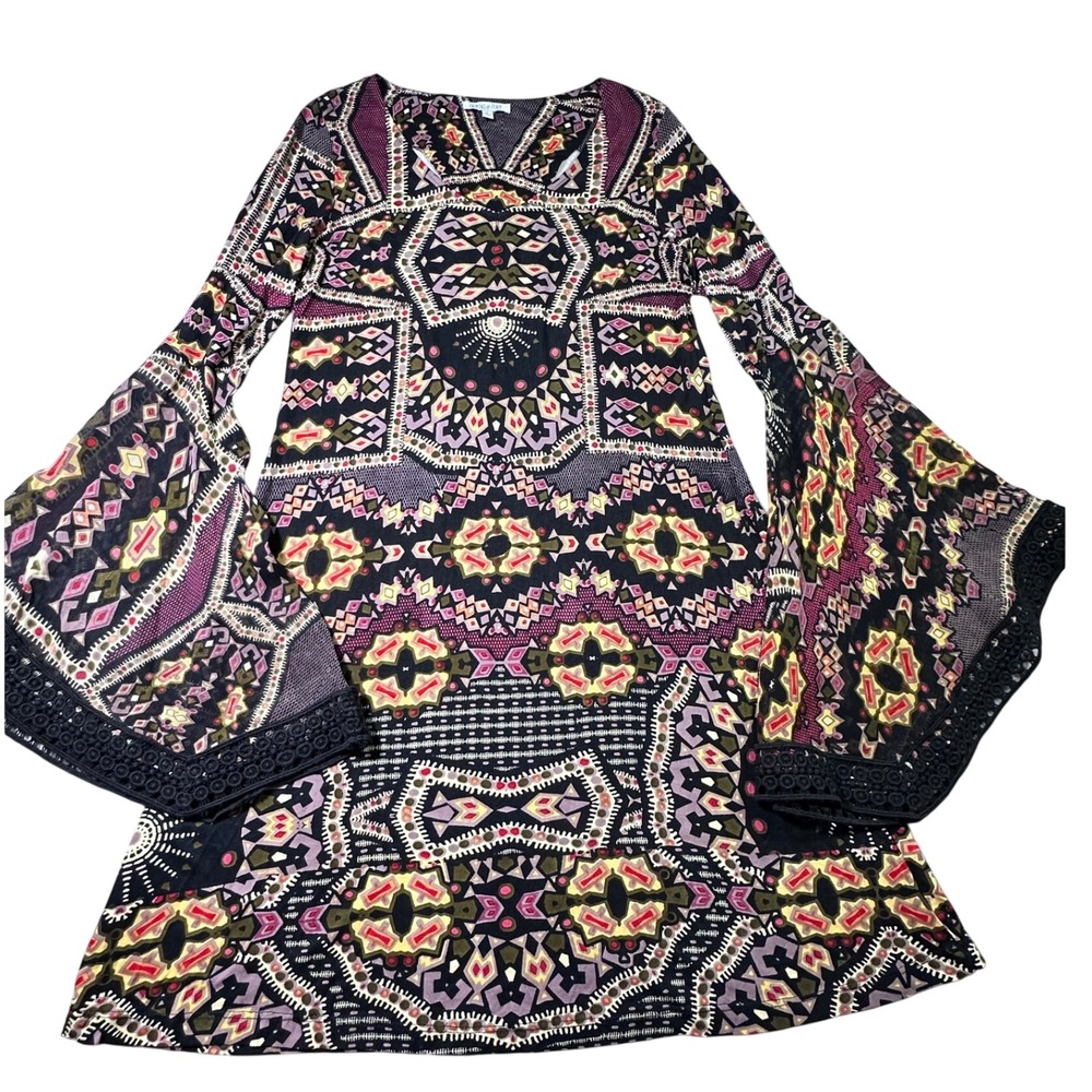 Patrons of Peace Boho Bell Sleeve Geometric Print Mini Dress Small Crochet Trim